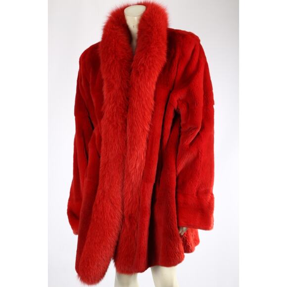 Vintage Red Leather Reversible Coat Fox Fur Collar Size M Luxury Retro Winter - Picture 16 of 16
